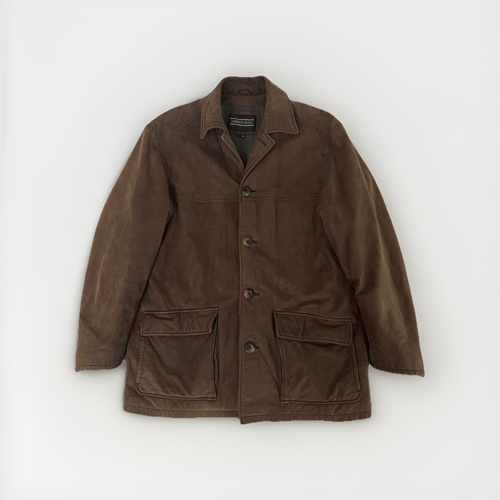 Andrew Fezza Leather Jacket Mens Sz L Brown Coat Flap Pockets